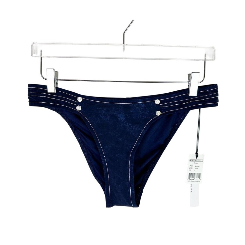 NEW Robin Piccone Valera Indigo Blue Bikini Bottoms Low Rise w/ Button Medium